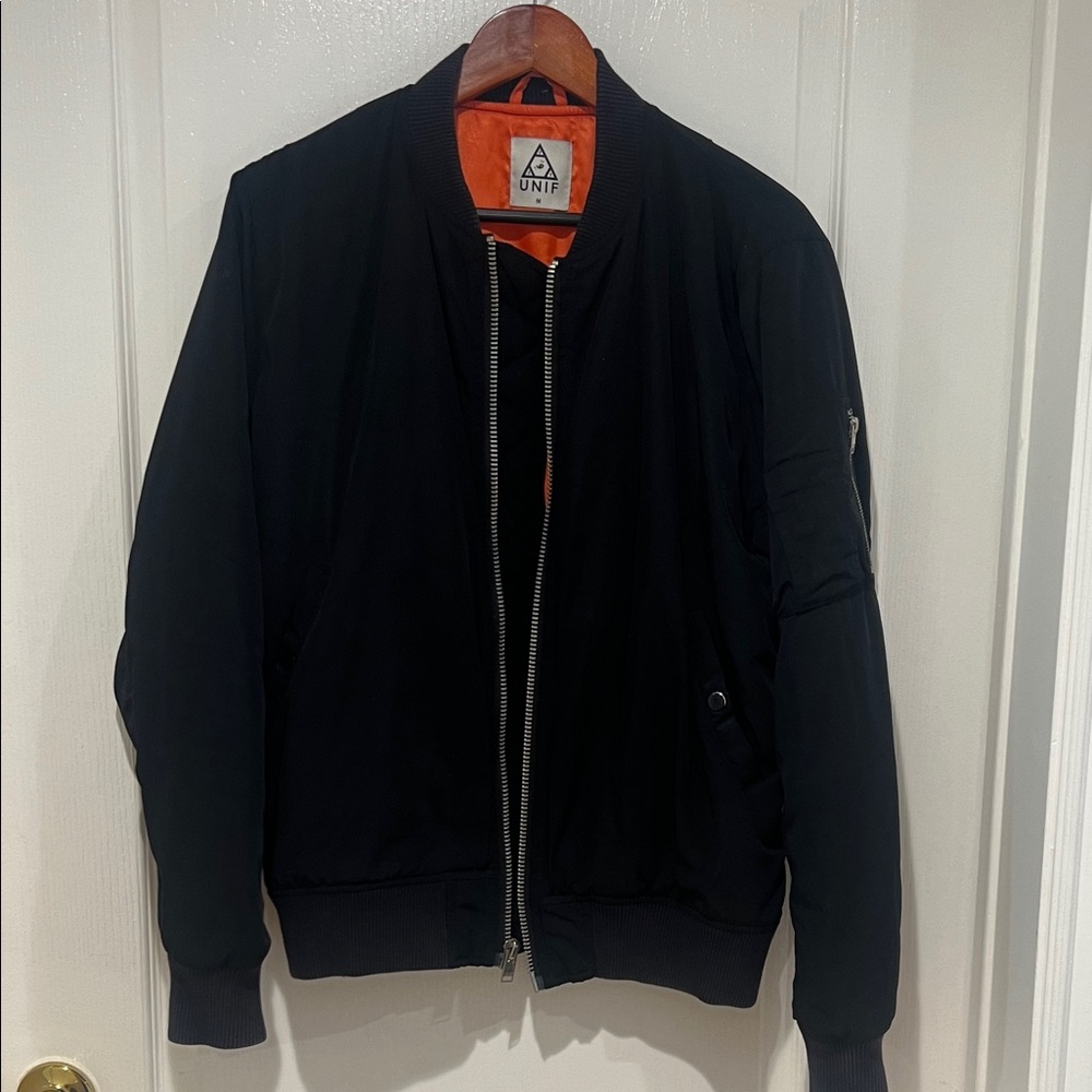 UNIF Black Bomber Jacket with Orange Lining